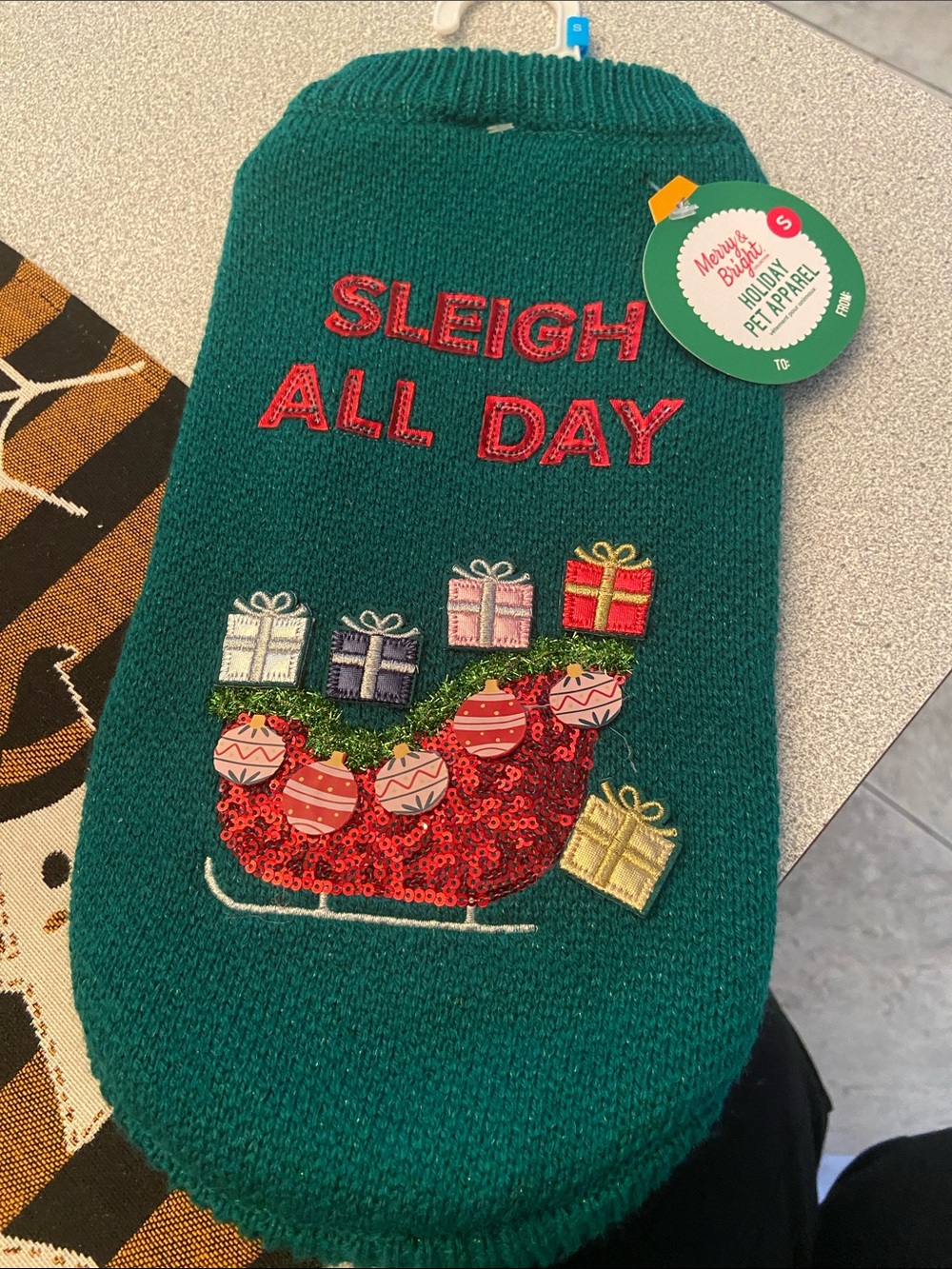 Holiday Pet Sweater - Green "Sleigh All Day"